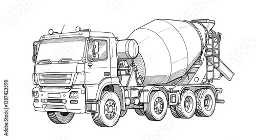 Cement Mixer Truck Line Art Construction Vehicle Sketch Illustration