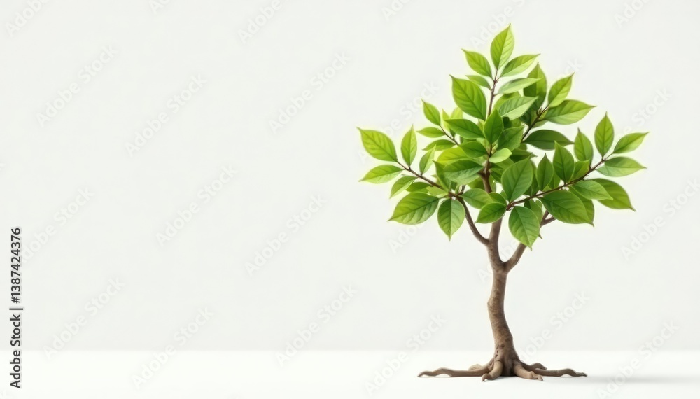 Obraz premium Single young tree, delicate leaves, white backdrop, isolated, background, spring