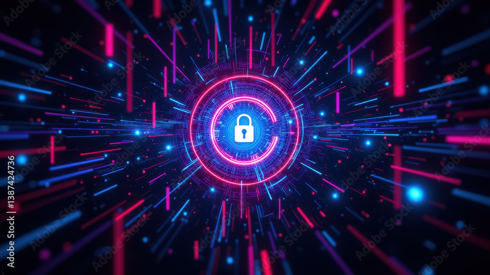 Obraz premium Cybersecurity digital art featuring a futuristic lock within a network explosion of pink and blue hues.