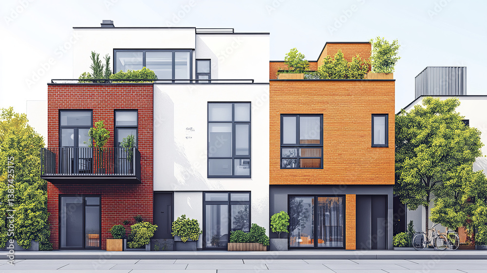 Obraz premium Modern townhouse with brick facade and rooftop garden