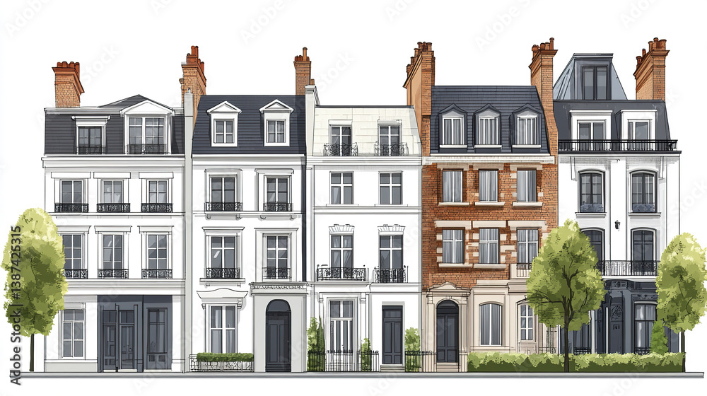 Obraz premium Elegant row of classic townhouses with varied facades and chimneys