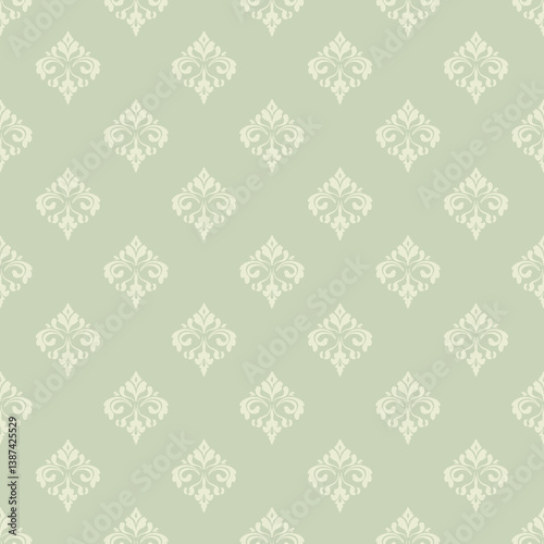 Vector Elegant Green Damask Seamless Floral Pattern Background for Classic Vintage Interior and Decorative Design.