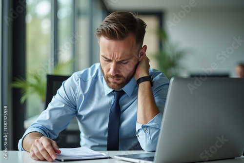 A businessman at his desk in pain, holding his stiff neck with a strained expression