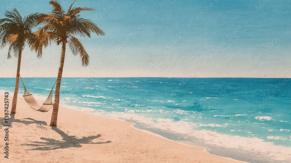 Obraz premium Tranquil beach scene with palm trees, hammock, and ocean waves under a bright sky.