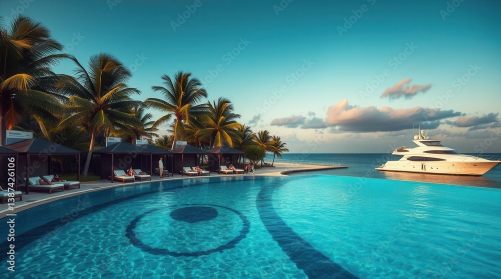Tropical luxury: Poolside cabanas, palm trees, and a yacht on the ocean under a clear blue sky. Tropical luxury: Poolside cabanas, palm trees, and a yacht on the ocean under a clear blue sky.