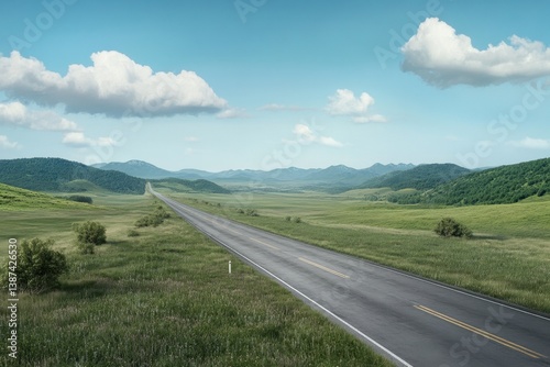 Expansive road stretches through lush green landscape under a clear blue sky