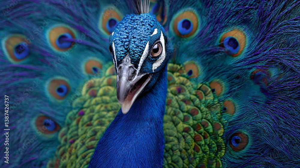 Fototapeta premium Majestic Peacock Portrait with Vibrant Feathers
