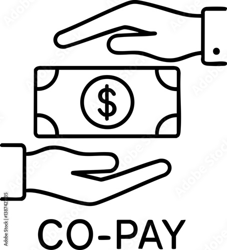 Healthcare Costs premium concept. Hands exchanging money with "Co-Pay" text below.