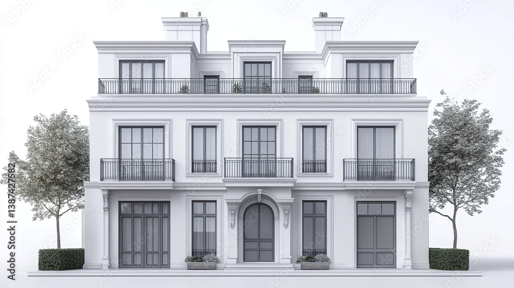 Fototapeta premium Elegant white townhouse with symmetrical design and large windows