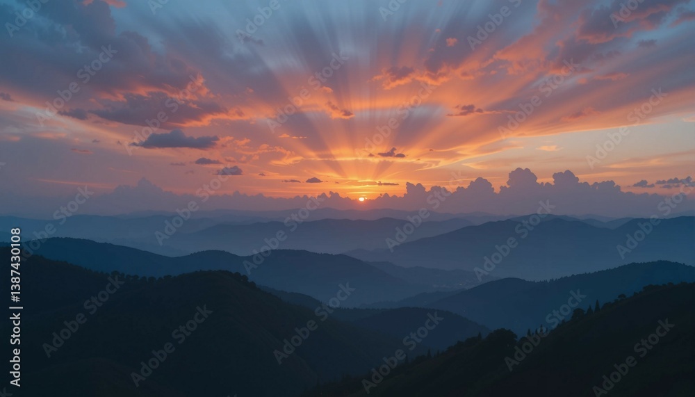 Sunset clouds forming natural symmetry over mountain horizon Sunset clouds forming natural symmetry over mountain horizon