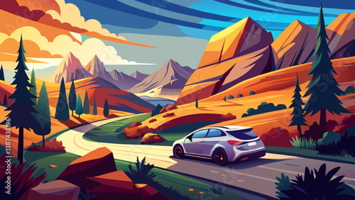 rental car in spain mountain landscape road at sunset