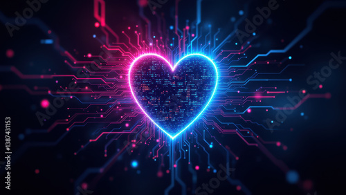 A vibrant digital heart with cybernetic connections representing love or passion for technology and cybersecurity.