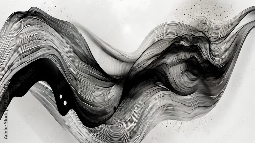 Elegant black and white ink flow pattern with dynamic wave motion on white background