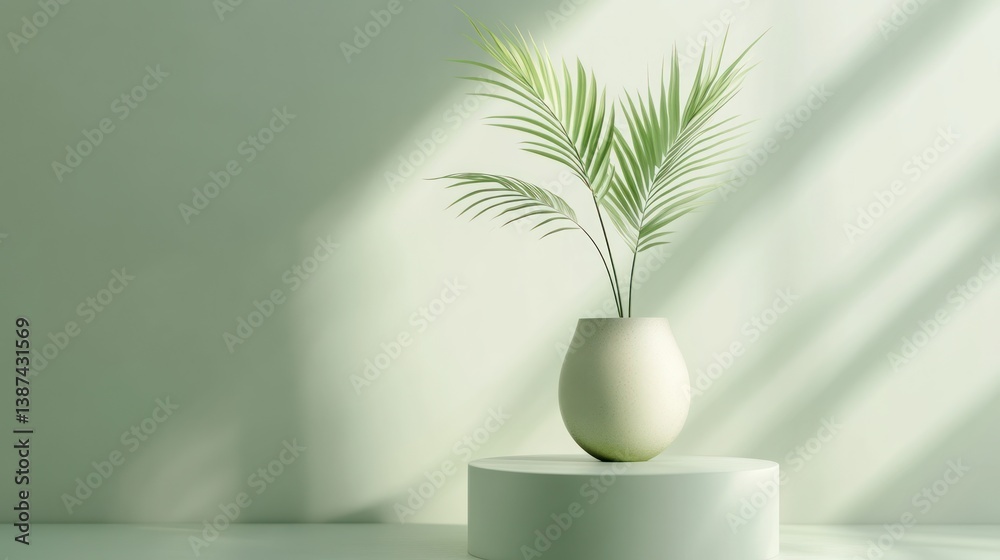 Minimalist vase with palm leaves on podium, soft light, product display Minimalist vase with palm leaves on podium, soft light, product display