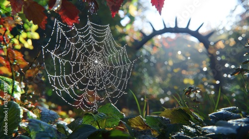 A finely spun spider web adorned with crystal-clear dew, with soft-focus autumn leaves in the background.