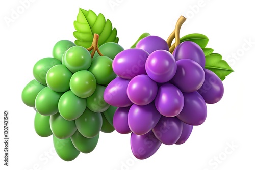 A vibrant image showcasing two bunches of grapes one green and one purple against a white background