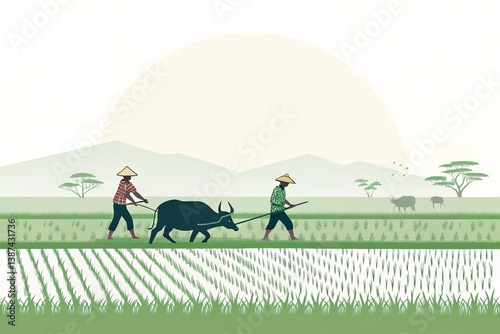 Farmers Working in Rice Paddy Fields with Water Buffalo