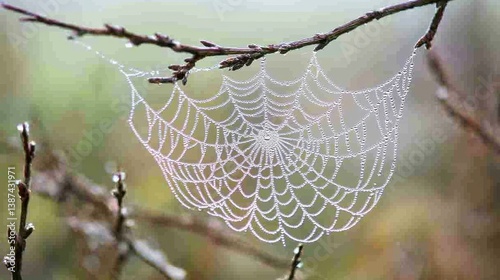A fragile spider web stretched between two branches, sparkling with early morning moisture.