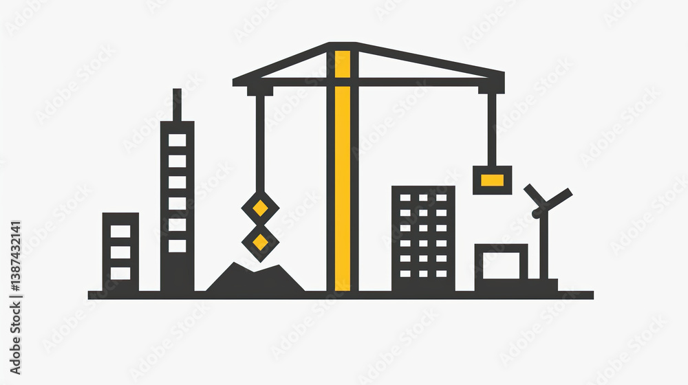 Obraz premium minimalistic illustration of construction site featuring buildings, crane, and construction materials, symbolizing urban development