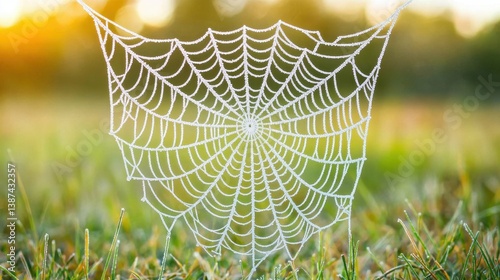 A frost-kissed spider web, with frozen dew shimmering under the first light of day