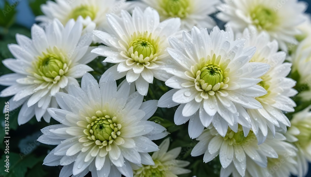 Fototapeta premium Close-up, eye-level shot of a cluster of white chrysanthemums covered in water droplets, set against a blurred background of blue and green