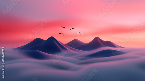 Pink and Purple Sunrise Over Misty Mountains with Birds