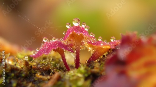 A macro shot of dewdrops aligned perfectly on a spider web, magnifying the details of nature.