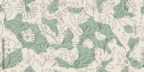 Hand drawn plant elements, flowers and leaves, seamless pattern, vector design