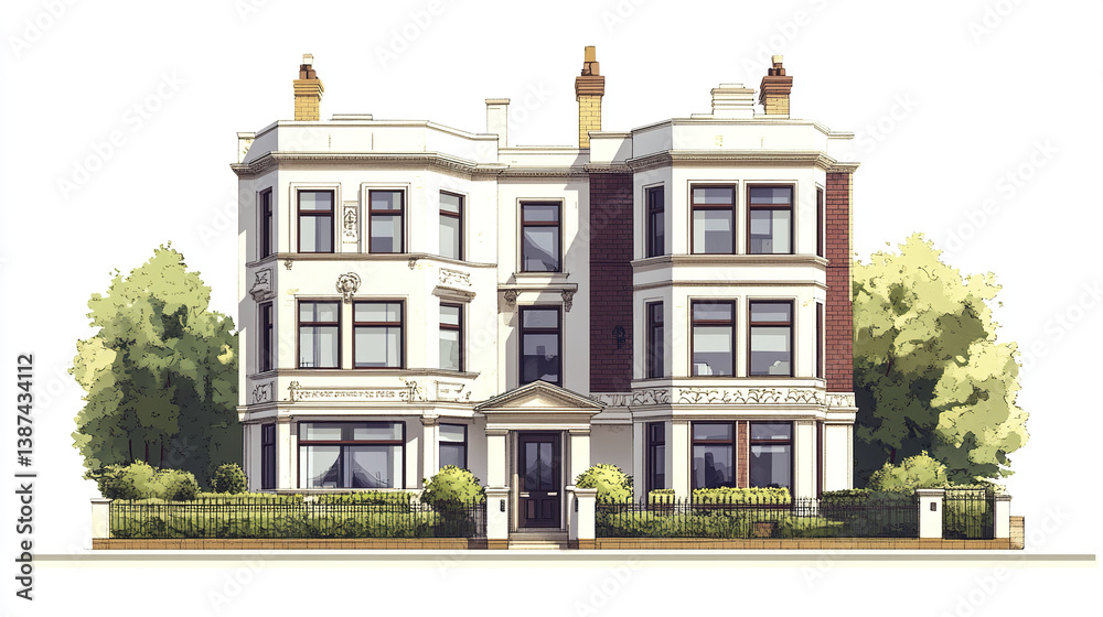 Fototapeta premium Elegant Victorian style townhouse with ornate details and lush greenery