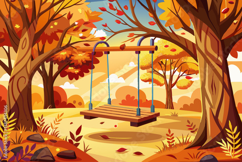 vector of Wooden swing made of colorful autumn leaves on the autumn tree in the park