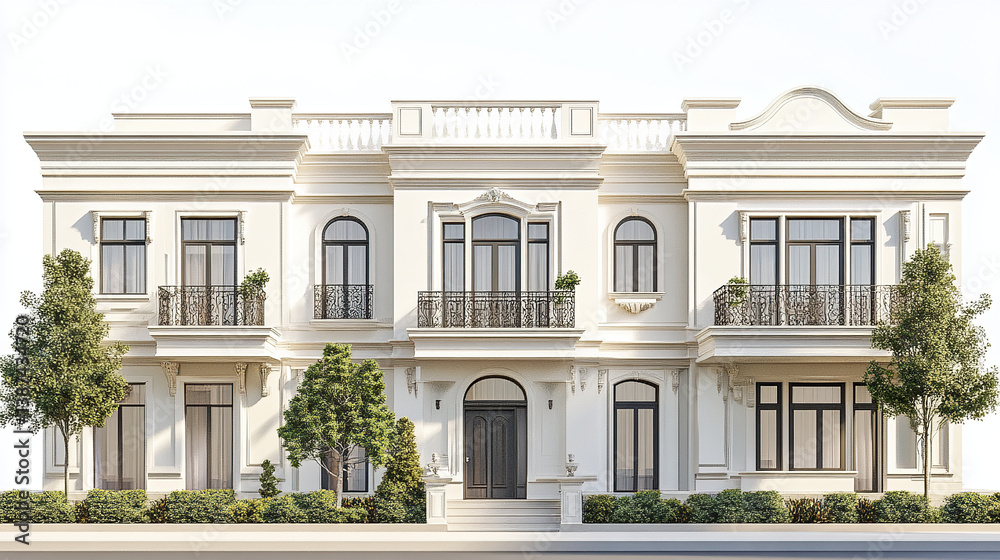 Elegant white townhouse with classic architecture and ornate details Elegant white townhouse with classic architecture and ornate details