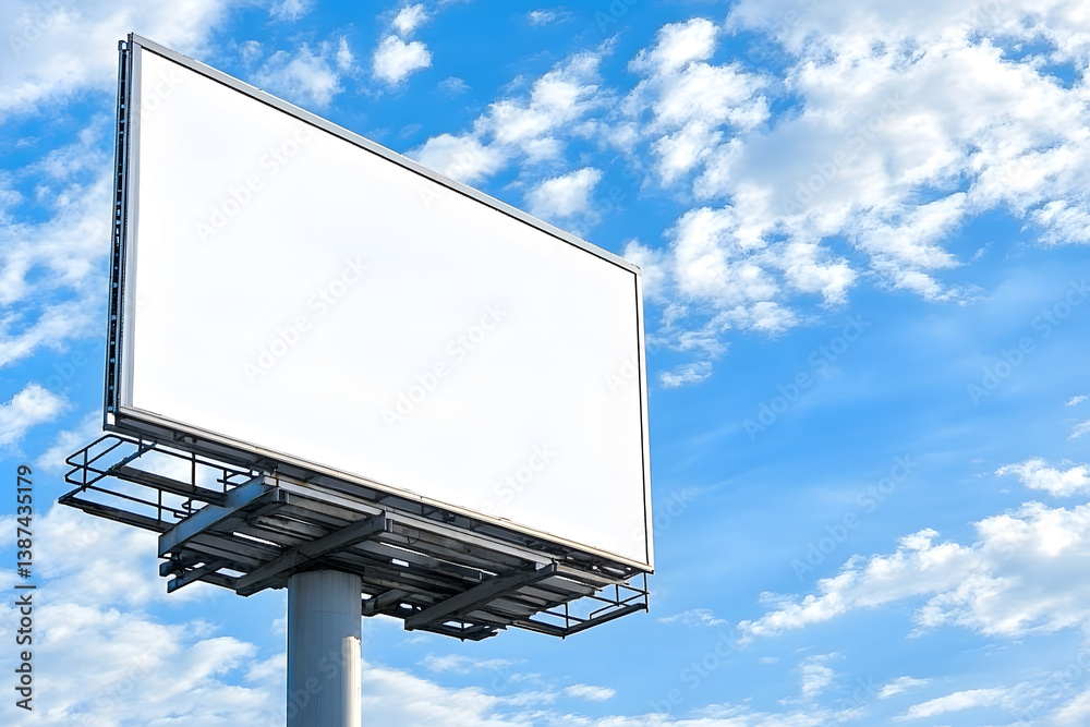 A white billboard stands prominently under a blue sky with clouds, ready for advertising in the city A white billboard stands prominently under a blue sky with clouds, ready for advertising in the city