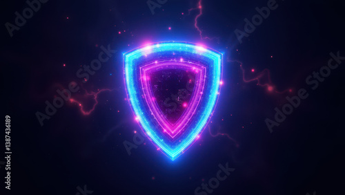 Symbolic shield with lightning-like energy for cybersecurity protection.