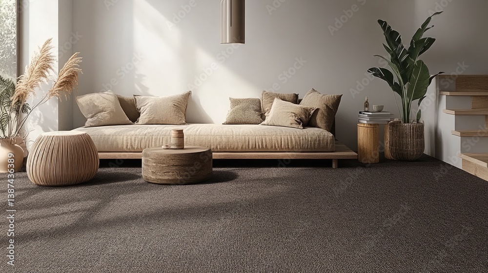 Earth-toned room styled with brown carpet and simple wood elements