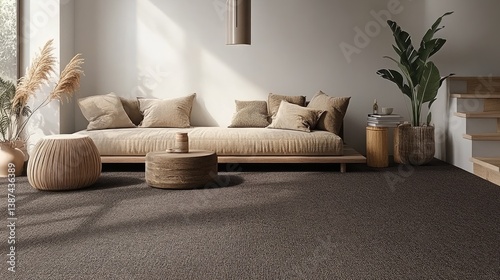 Obraz na płótnie Earth-toned room styled with brown carpet and simple wood elements w salonie