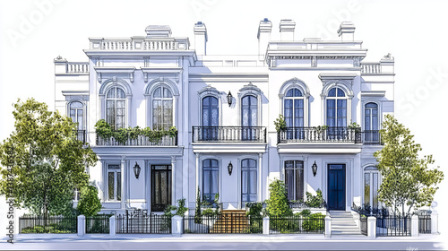 Wallpaper Mural Elegant white townhouse with classic architecture and lush greenery Torontodigital.ca