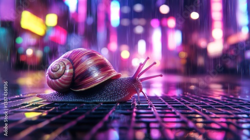 Snail crossing neon city street in rain; urban nightlife backdrop; slow pace concept photo