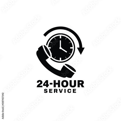 24-Hour Service with Telephone and Clock Illustration for Customer Support