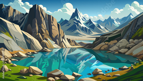 Colorful summer view of lake landscape. Bright morning scene of Julian Alps with Mangart peak on background