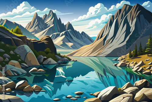 Colorful summer view of lake landscape. Bright morning scene of Julian Alps with Mangart peak on background