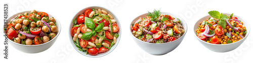 Four bowls of healthy bean salads with tomatoes and herbs. photo
