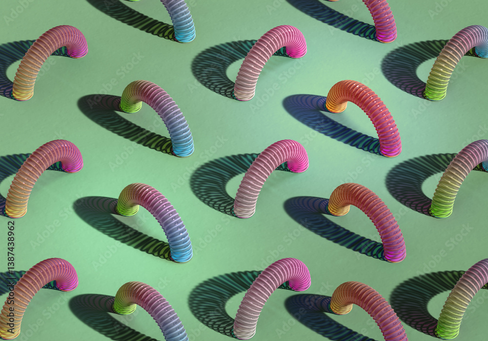 Colorful Abstract Pattern with Curved Tubes and Shadows 3d render on green backgroud