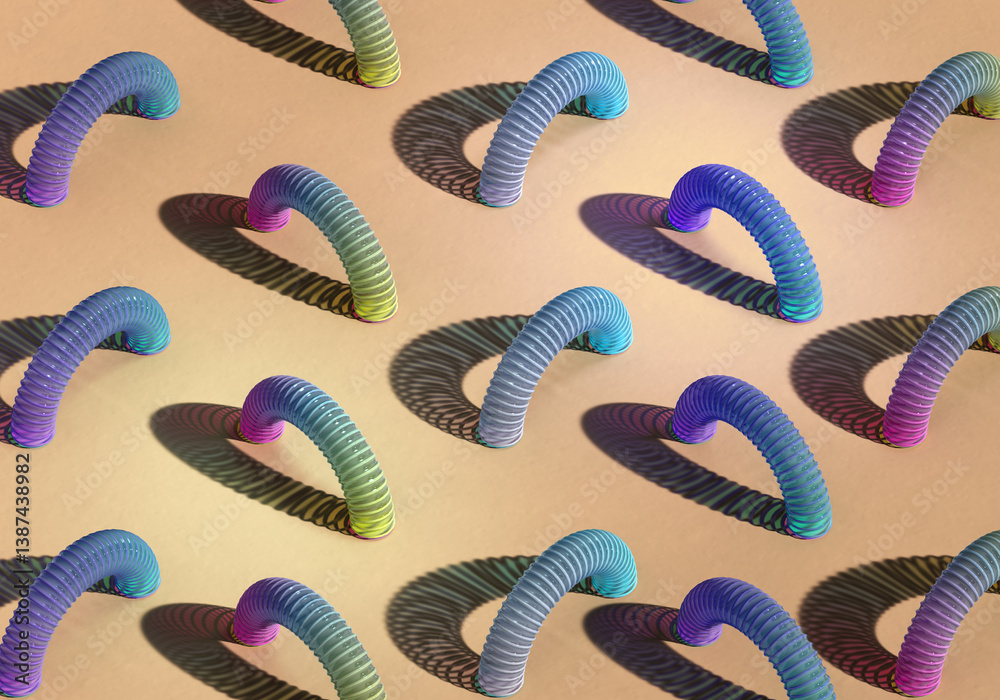 Colorful Abstract Pattern with Curved Tubes and Shadows 3d render on colorod backgroud