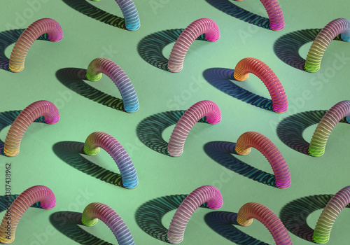 Obraz na płótnie Colorful Abstract Pattern with Curved Tubes and Shadows 3d render on green backgroud w salonie