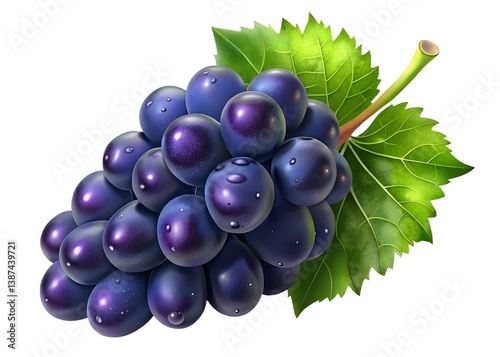 A vibrant bunch of dark purple grapes with water droplets and bright green leaves isolated