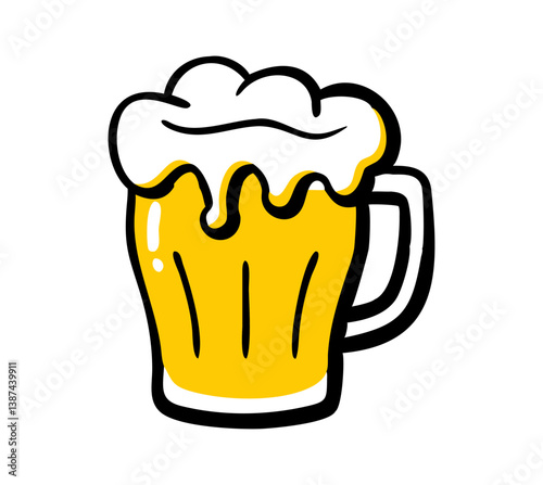 A cartoon design of beer with foam in a glass mug. Beer festival. Composition for posters, postcards, banners, flyers, covers, and other printing products.