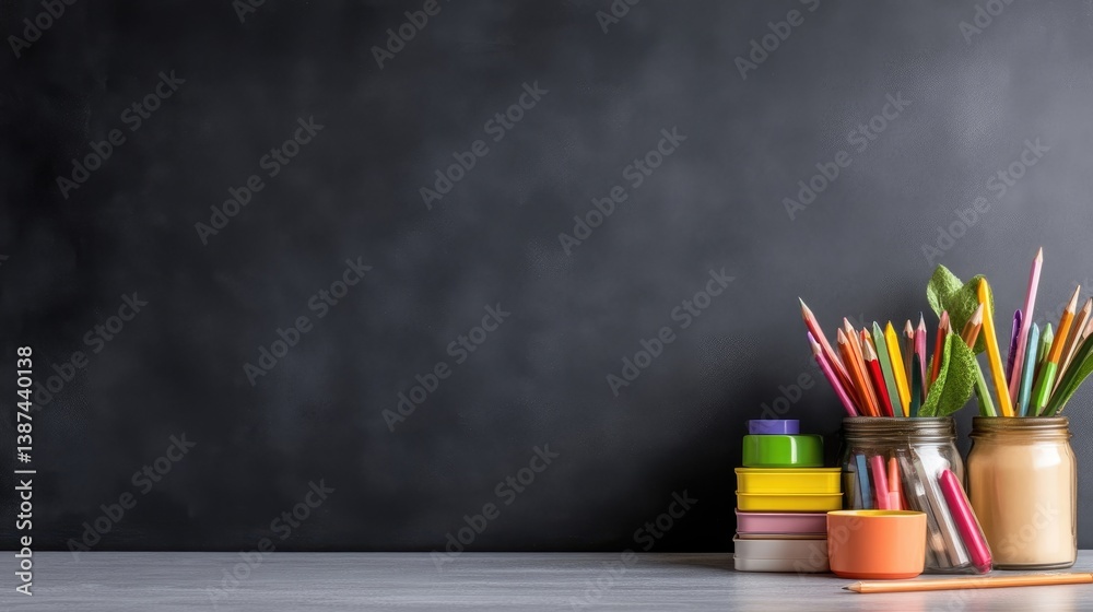 Obraz premium Colorful pencils and art supplies arranged on a desk against a blackboard background, creative workspace setup, and educational and artistic concept.