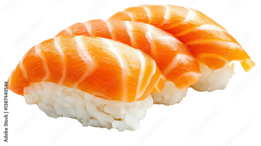 A fresh salmon sushi roll isolated on white, with the salmon slice on top and the rice and nori clearly visible, capturing the delicate layers. A fresh salmon sushi roll isolated on white, with the salmon slice on top and the rice and nori clearly visible, capturing the delicate layers.