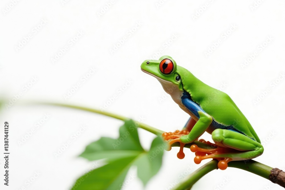 Obraz premium Green tree frog perched on white, vibrant skin, tree frog, animal photography