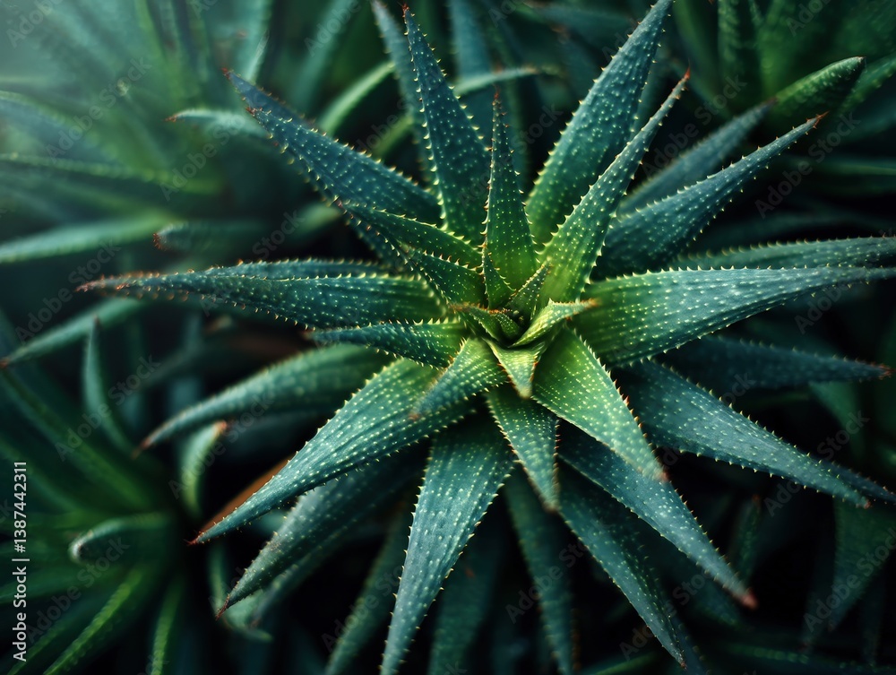 Spiky green succulent plant with pointed, textured leaves radiating outward, focus on center creating a star-like pattern, surrounded by blurred leaves, natural lighting Spiky green succulent plant with pointed, textured leaves radiating outward, focus on center creating a star-like pattern, surrounded by blurred leaves, natural lighting